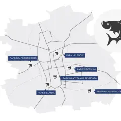 Mapa z zaznaczonymi łowiskami PZW i ikonami ryb.